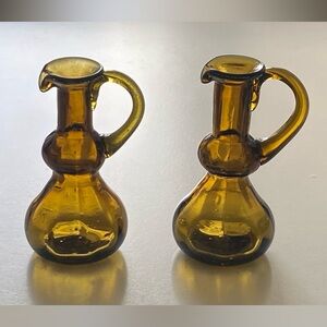 Vintage Handblown Amber Yellow Art Glass Olive Oil Vinegar Cruet or Mini Pitcher